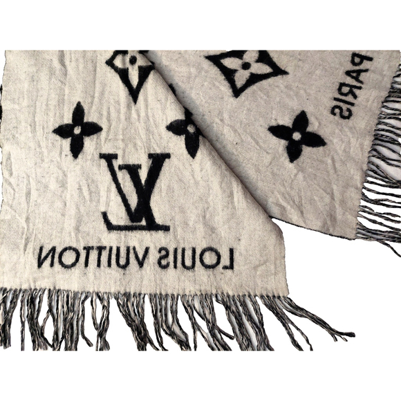 LOUIS VUITTON LV Reykjavik Black & Grey Reversible Cashmere Scarf Pre-Owned $995 - Picture 10 of 16